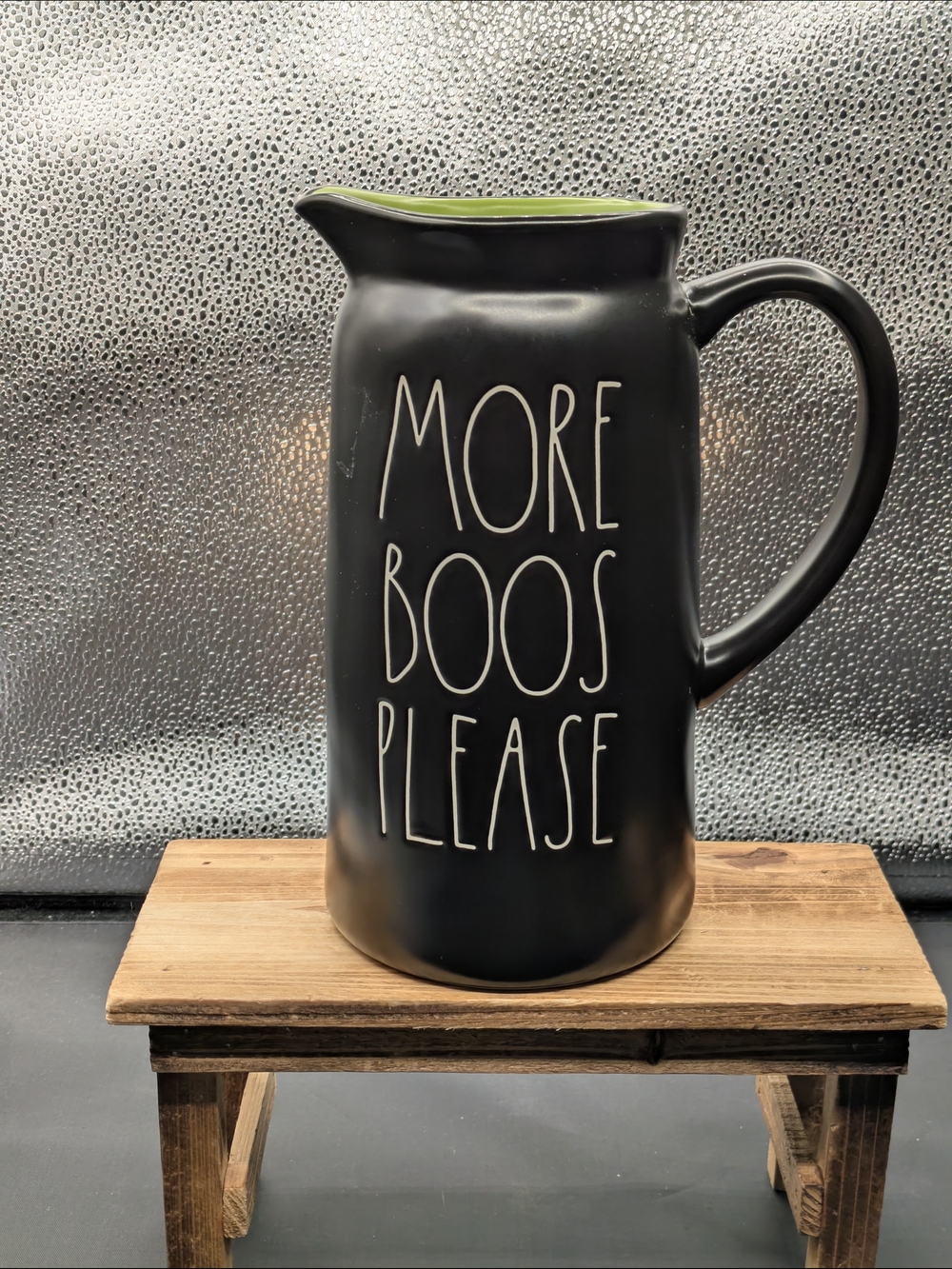 Rae Dunn Black Pitcher with Lime Green Interior - "More Boos Please"